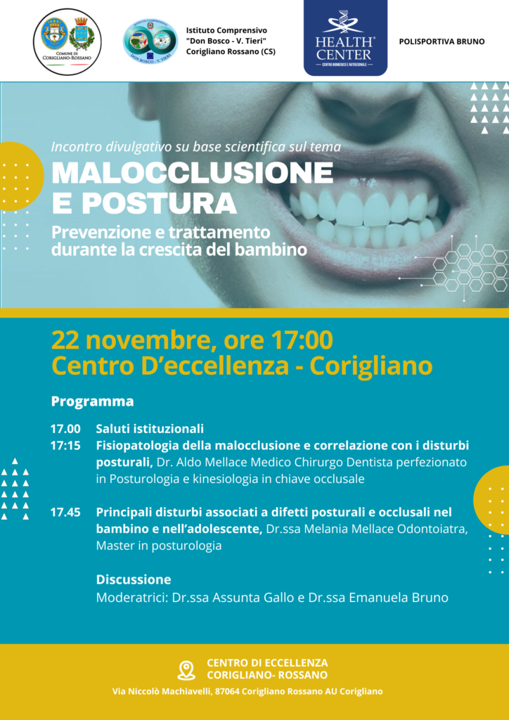 locandina Malocclusione postura prevenzione cura incontro divulgativo presso centro d'eccellenza corigliano